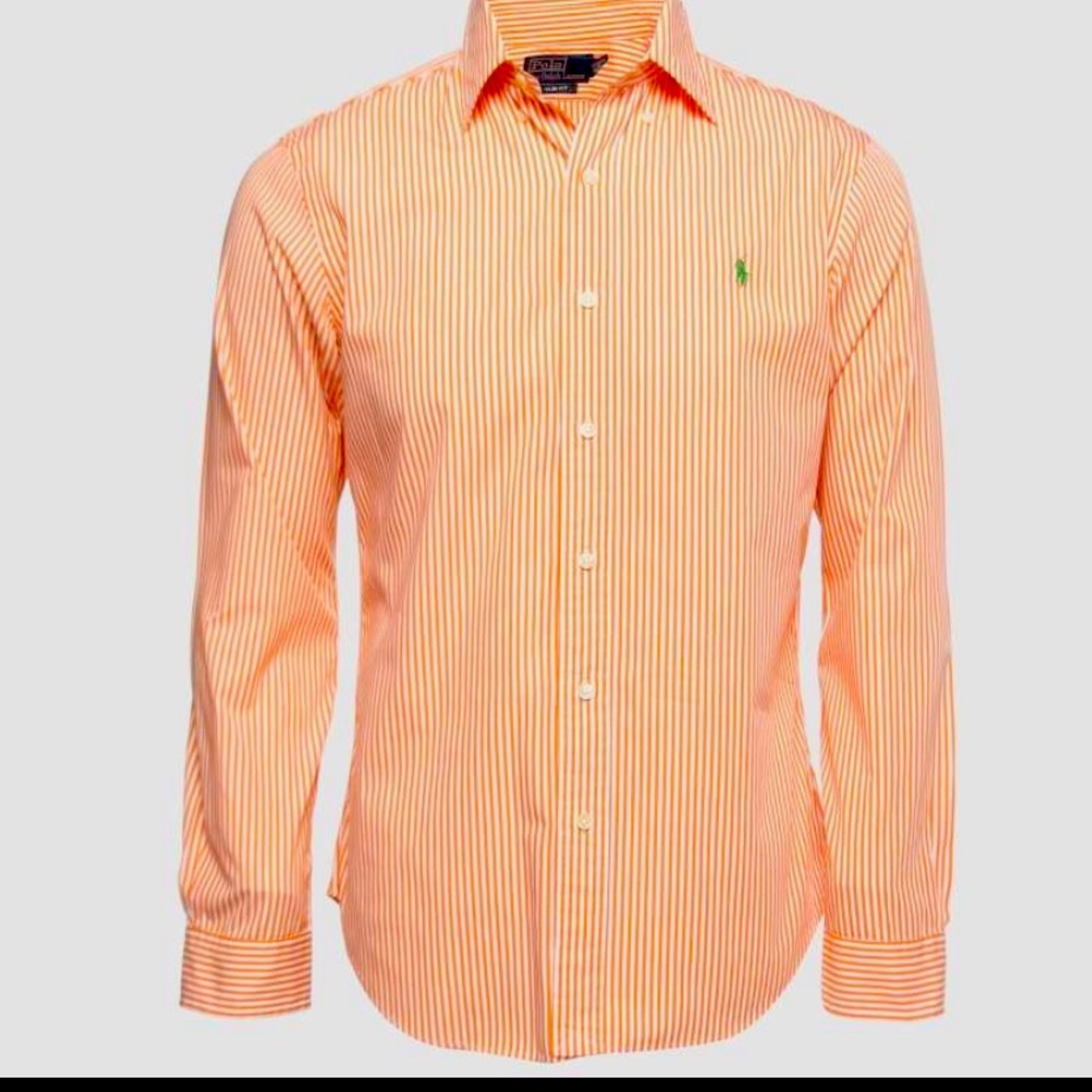 Men’s Ralph Lauren classic fit button down polo, XXL, orange and white striped.